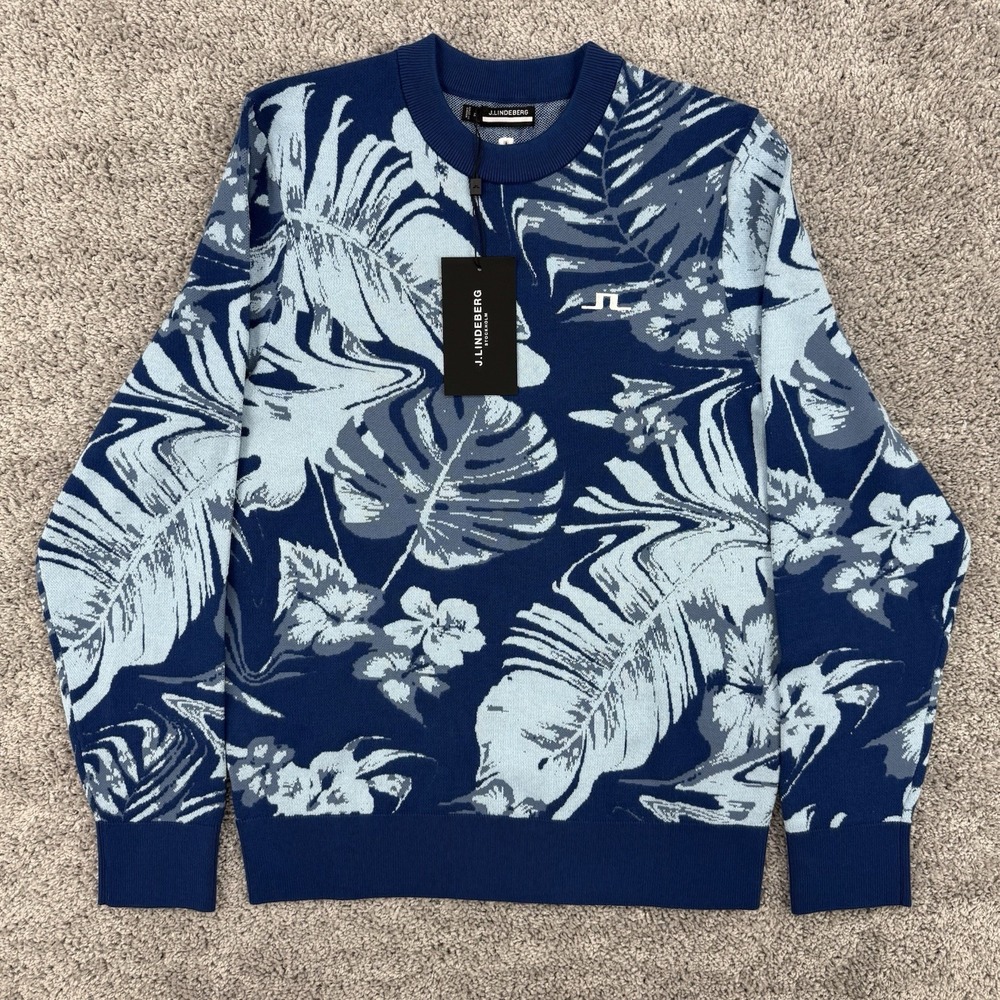 J. Lindeberg Percy Sweater Men's M NWT Hibiscus Blue Floral AOP Crew Neck